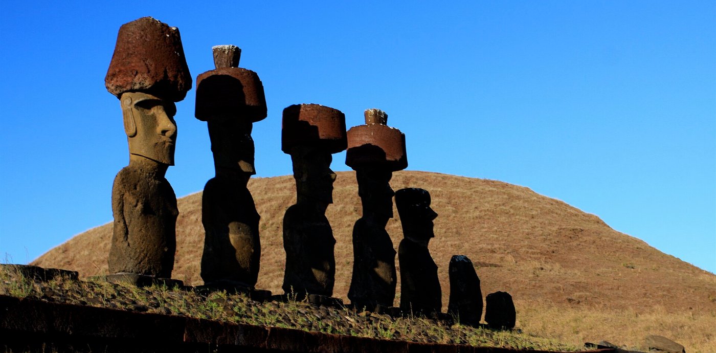 The row of moai at Ahu Nau Nau on Anakena beach, Easter Island