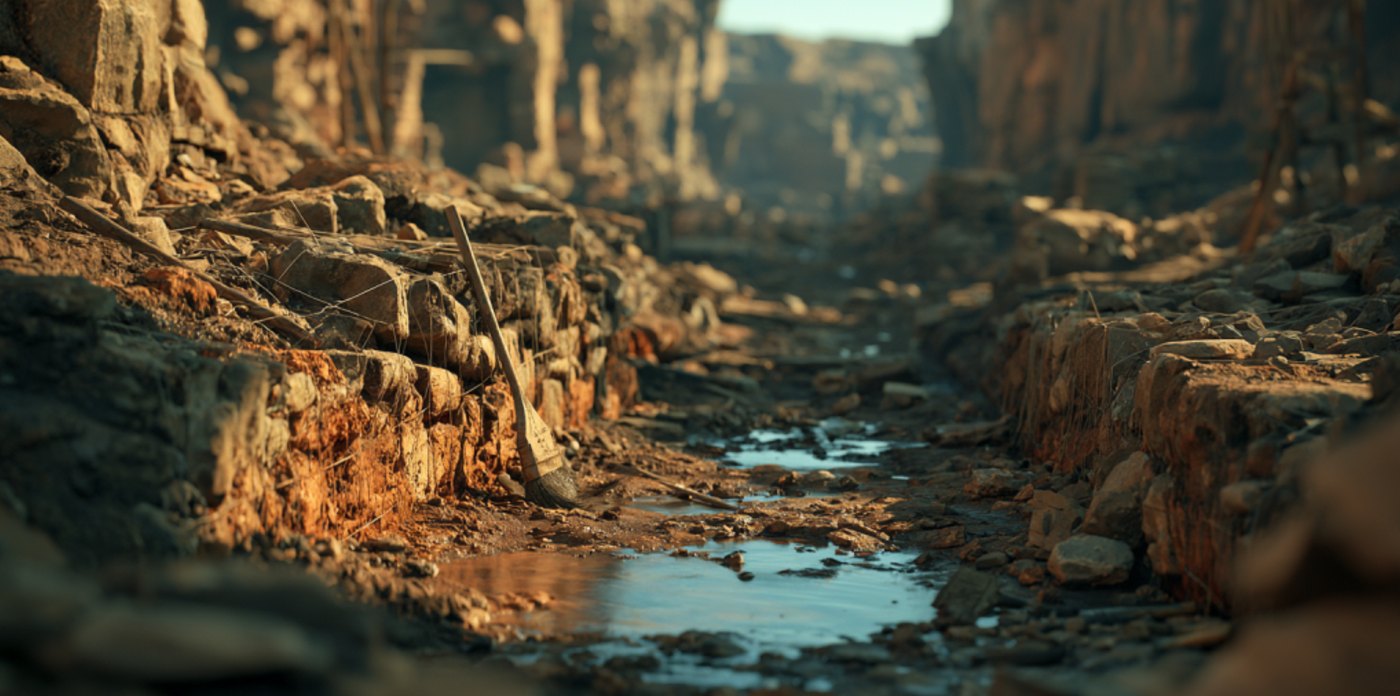A half-excavated stone wall in a trench