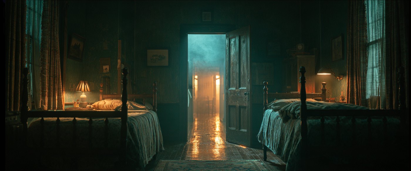 A dark bedroom with two beds and a lit hallway beyond the door