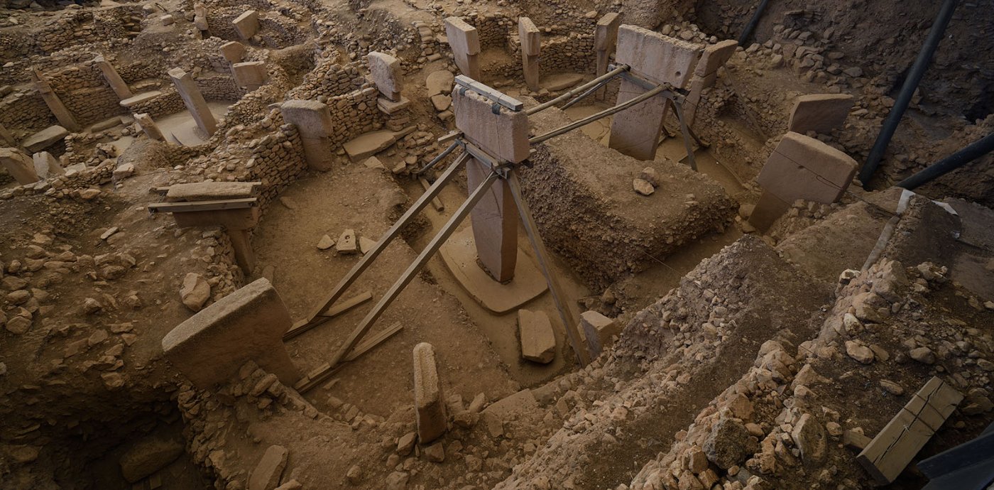 Carved T-shaped stone pillars in Enclosure D at Göbekli Tepe, Turkey