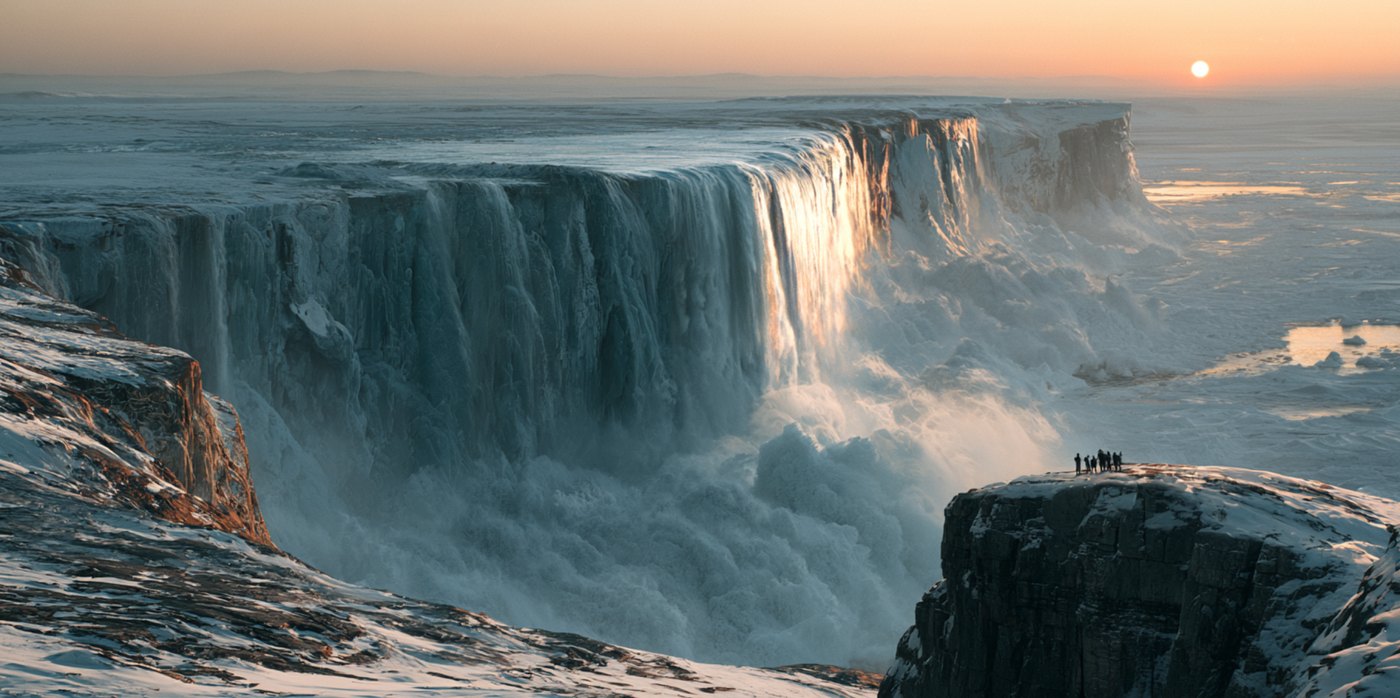 Meltwater pouring off an ice cliff at sunrise