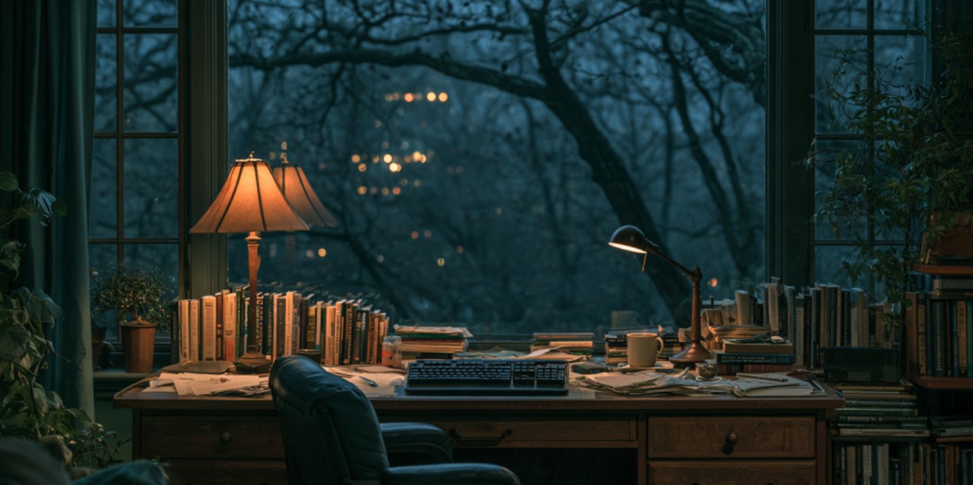 A lamplit writing desk at night