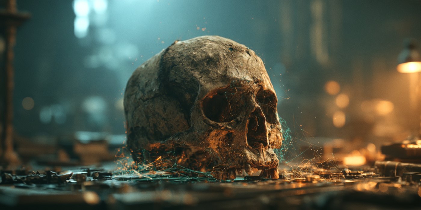 An ancient skull on a dark laboratory table