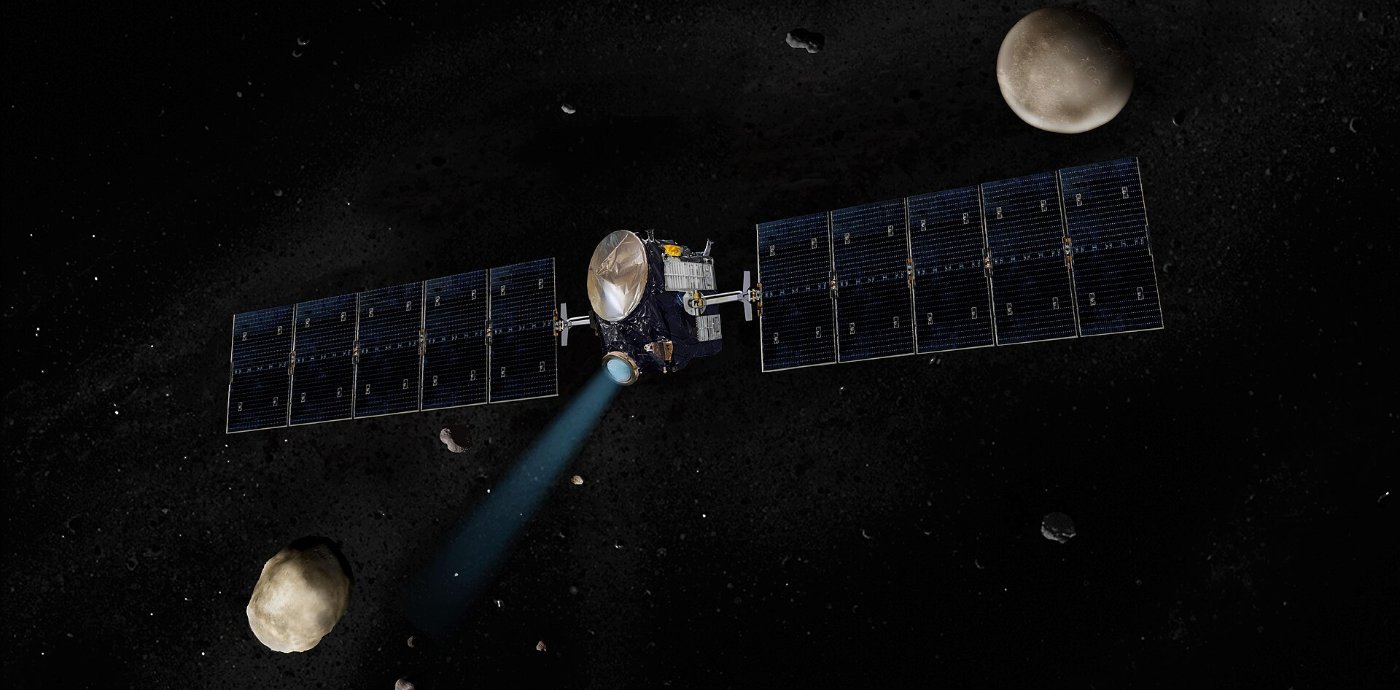 Artist's concept of NASA's Dawn spacecraft between the asteroid Vesta and the dwarf planet Ceres