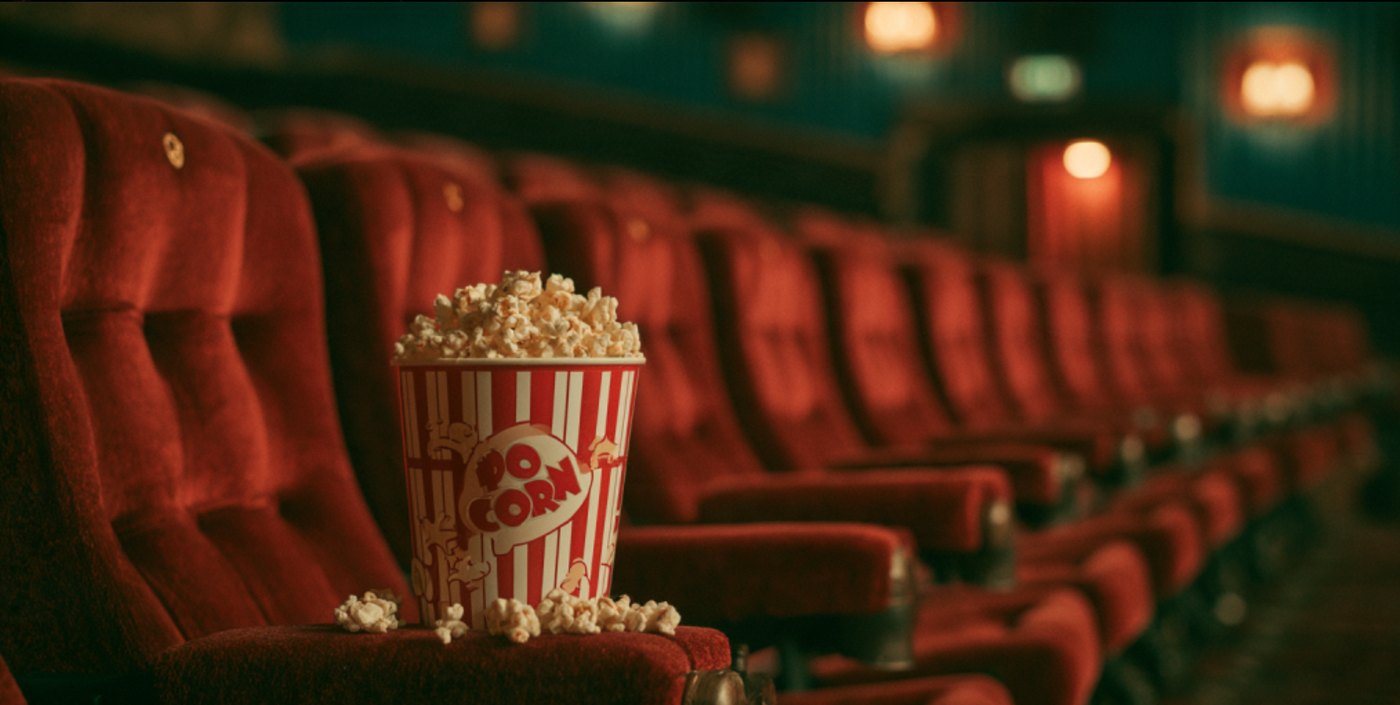A tub of popcorn on an empty cinema seat