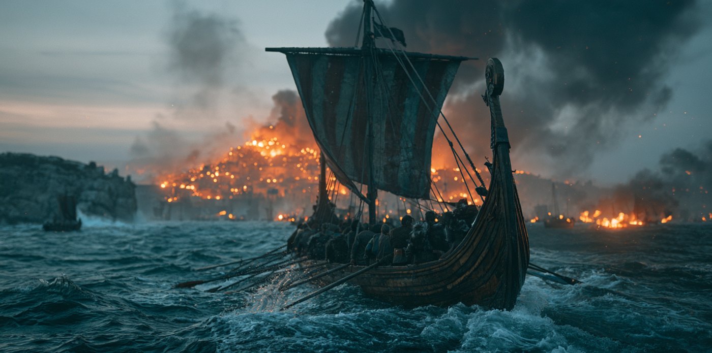 A wooden ship at sea with a burning city on the shore behind it