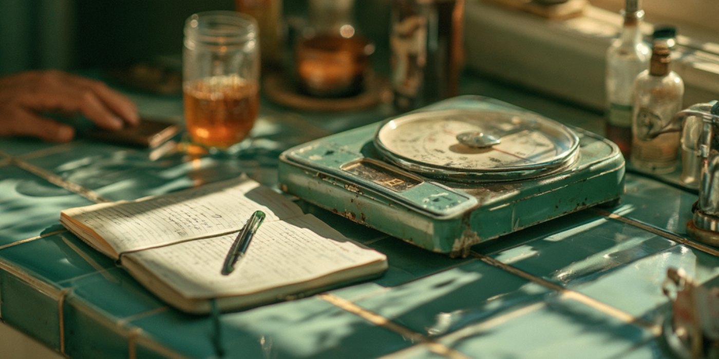An old bathroom scale and a notebook on tile