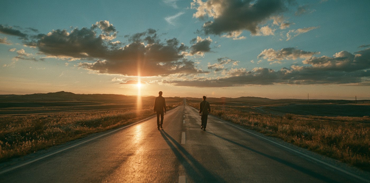 Two figures walking a long road at sunset