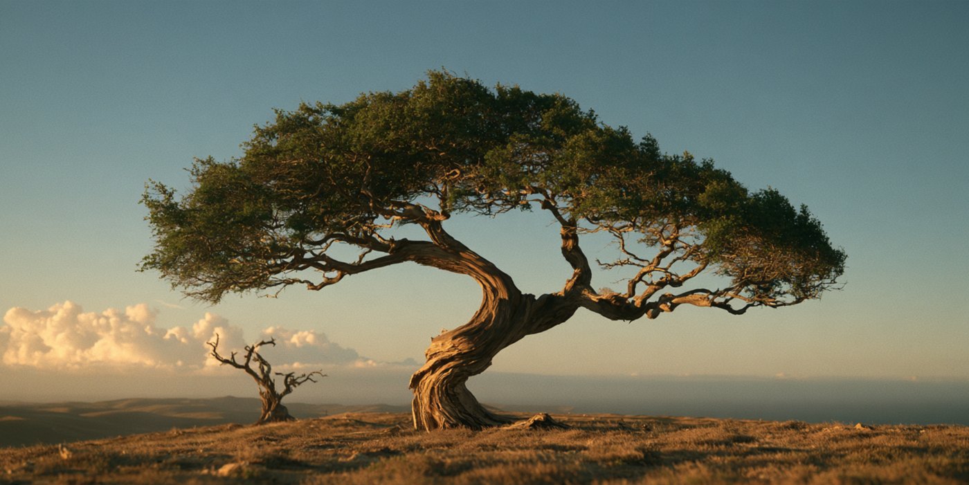 A living tree bending beside a dead brittle one