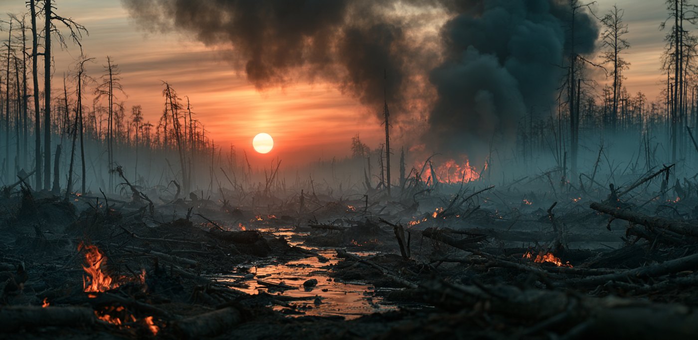 A flattened forest burning at sunset