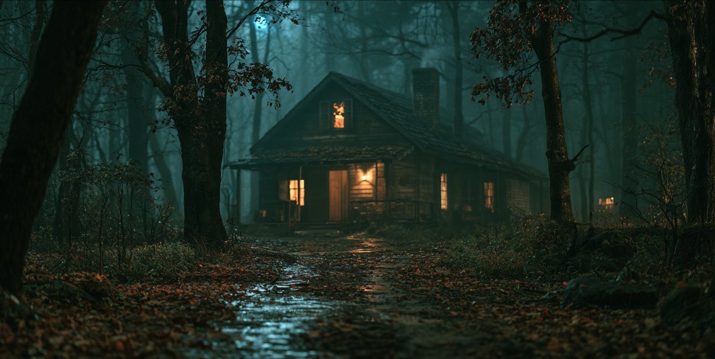 An abandoned house deep in a dark forest at night, one window lit