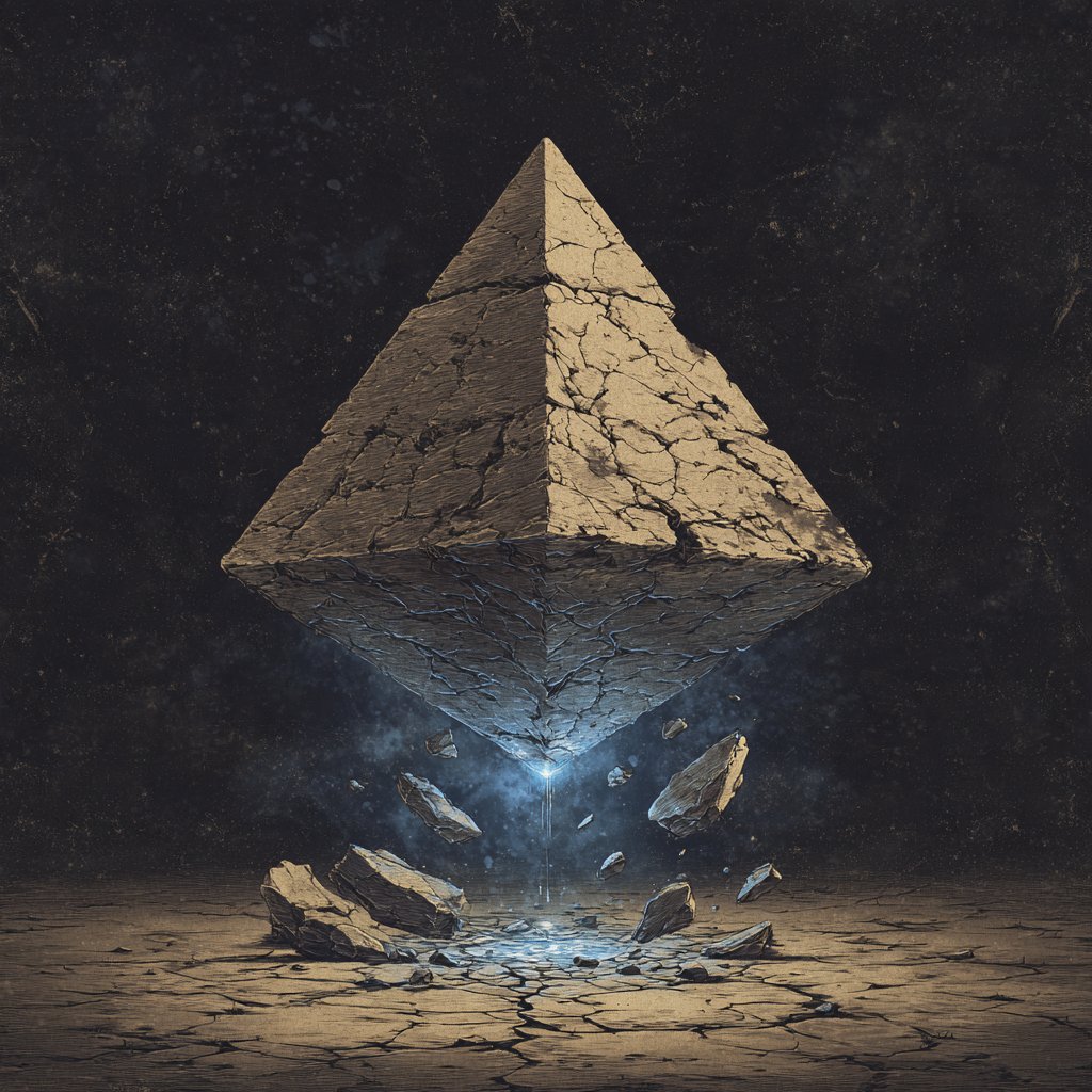 A cracked stone pyramid floating above broken ground