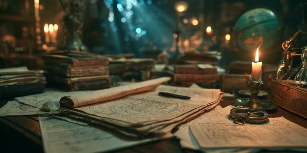 Star charts and old survey notes spread across a desk.