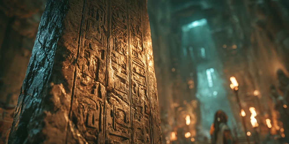 A carved stone tablet covered in unknown glyphs, lit from one side.
